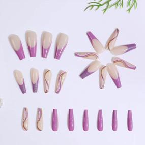 img 3 attached to 24 Piece Set Of Purple French False Nails With Swirl Design - Lovful Long Coffin Press On Nails
