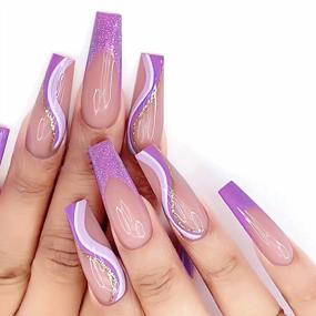 img 4 attached to 24 Piece Set Of Purple French False Nails With Swirl Design - Lovful Long Coffin Press On Nails