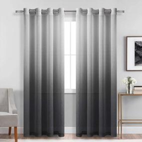 img 4 attached to Black Faux Linen Ombre Sheer Curtains - Gradient Semi Voile Grommet Top Window Panels For Bedroom And Living Room, Set Of 2, 52 X 84 Inches Long