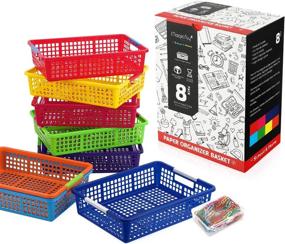 img 4 attached to Magicfly Paper Organizer Basket, Pack Of 8, Colorful Plastic Bins With Handles, Classroom Office File Holder, Plastic Baskets Organization Trays With Paper Clips For School Supplies, Drawers, Office