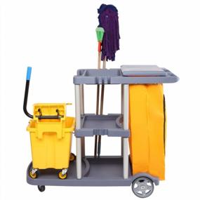 img 4 attached to Efficient Cleaning Made Easy With SSLine Commercial Janitorial Cart On Wheels - 3-Shelf Caddy With 22 Gallon Vinyl Waste Bag And Cover In Gray & Yellow