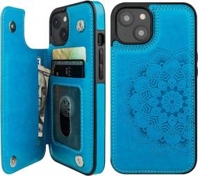 img 4 attached to Vaburs Compatible With IPhone 14 Case Wallet With Card Holder, Embossed Mandala Pattern Flower PU Leather Double Buttons Flip Shockproof Cover For Magnetic Car Mount 6.1 Inch (Blue)