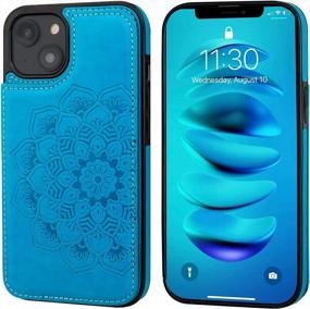 img 2 attached to Vaburs Compatible With IPhone 14 Case Wallet With Card Holder, Embossed Mandala Pattern Flower PU Leather Double Buttons Flip Shockproof Cover For Magnetic Car Mount 6.1 Inch (Blue)