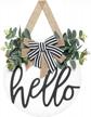 hello sign for front door winter decor - 12 inch round hanging door decoration for outdoor and indoor home, porch, and farmhouse - all seasons holiday and housewarming gift - white logo
