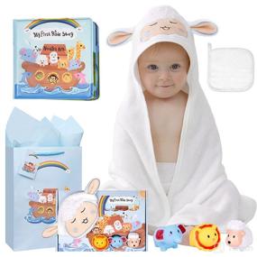 img 4 attached to 🚢 Noahs Ark Baptism Gift Set - 7 pieces for Boys and Newborn Babies, Perfect for Dedication, Christening, and Baptism, Includes Bamboo Washcloth, Hooded Towel, Baby Bath Book, 3 Bath Toys, and Gift Bag