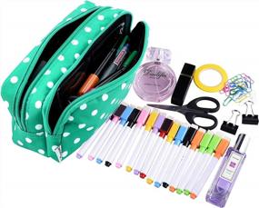 img 1 attached to Large Capacity Pen Case For Girls, Boys & Adults - SIQUK Double Zipper Pen Bag With Compartments And Green/White Dot Design