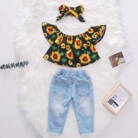 img 2 attached to Toddler Girls Off Shoulder Sunflower Top + Ripped Denim Leggings Jeans Pant Headband Outfit Set