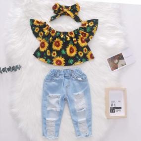 img 3 attached to Toddler Girls Off Shoulder Sunflower Top + Ripped Denim Leggings Jeans Pant Headband Outfit Set