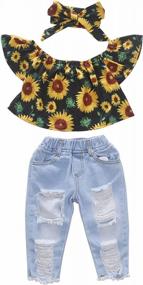 img 4 attached to Toddler Girls Off Shoulder Sunflower Top + Ripped Denim Leggings Jeans Pant Headband Outfit Set