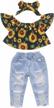 toddler girls off shoulder sunflower top + ripped denim leggings jeans pant headband outfit set logo