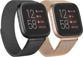 img 4 attached to Fitbit Versa Metal Bands 2 Pack: Stainless 💪 Steel Mesh Wristbands with Magnet Lock (Small, Black+Rose Gold)