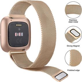 img 3 attached to Fitbit Versa Metal Bands 2 Pack: Stainless 💪 Steel Mesh Wristbands with Magnet Lock (Small, Black+Rose Gold)