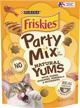 keep your cat's health in check with purina friskies, party mix natural yums with chicken & nutrients, (6) 6 oz. pouches of delicious treats logo