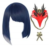 kujou sara cosplay wig dark blue short irregular bob hair with mask for women (blue) logo