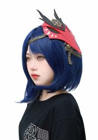 img 2 attached to Kujou Sara Cosplay Wig Dark Blue Short Irregular Bob Hair With Mask For Women (Blue)