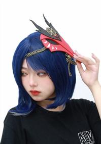 img 3 attached to Kujou Sara Cosplay Wig Dark Blue Short Irregular Bob Hair With Mask For Women (Blue)
