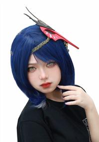 img 1 attached to Kujou Sara Cosplay Wig Dark Blue Short Irregular Bob Hair With Mask For Women (Blue)