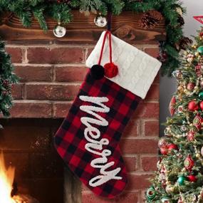 img 4 attached to 🎅 Classically Festive: HAUMENLY Red and Black Plaid Christmas Stocking with Merry Embroidery and Pompons
