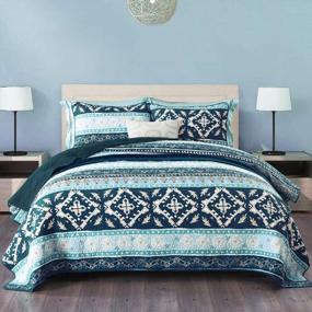 img 4 attached to Twin Size Lightweight Cotton Bohemian Blue Style Travan 3-Piece Bedspread Quilt Set With Shams, Oversized Boho Bedding
