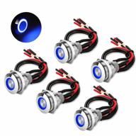 5pcs 19mm 12v 24v waterproof latching push button switch with wiring harness and led indicator light, pre-wired spdt self-locking 4 pin marine metal switch for boats cars trucks (blue) logo