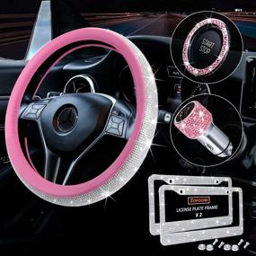 img 4 attached to 🎀 Stylish 5 Pack Pink Bling Car Accessories Set for Women: Diamond Leather Steering Wheel Cover, Rhinestone License Plate Frame, USB Charger, & Car Decor