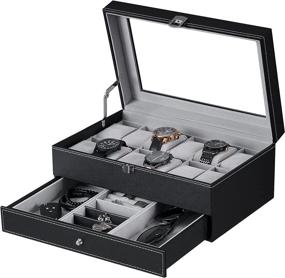 img 4 attached to BEWISHOME Watch Box Organizer Case: Premium Mens Jewelry Display 🕰️ Drawer with Adjustable Tray, Glass Top, and Black PU Leather - SSH02B