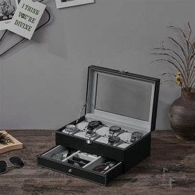 img 3 attached to BEWISHOME Watch Box Organizer Case: Premium Mens Jewelry Display 🕰️ Drawer with Adjustable Tray, Glass Top, and Black PU Leather - SSH02B