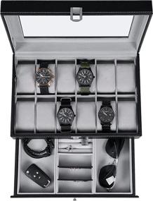 img 2 attached to BEWISHOME Watch Box Organizer Case: Premium Mens Jewelry Display 🕰️ Drawer with Adjustable Tray, Glass Top, and Black PU Leather - SSH02B