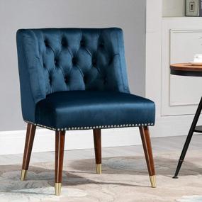 img 3 attached to SSLine Set Of 2 Upholstered Accent Chair Modern Velvet Sofa Chair W/Solid Wood Legs, Tufted Barrel Back AMD Cushion Seat Mid-Century Elegant Armchair Club Chairs For Living Room (Blue&Espresso Gold)