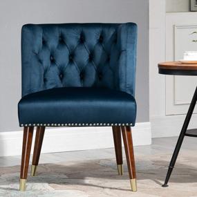 img 2 attached to SSLine Set Of 2 Upholstered Accent Chair Modern Velvet Sofa Chair W/Solid Wood Legs, Tufted Barrel Back AMD Cushion Seat Mid-Century Elegant Armchair Club Chairs For Living Room (Blue&Espresso Gold)
