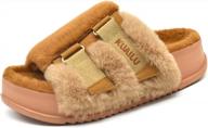 kuailu womens fuzzy platform open toe slipper with arch support fluffy furry slides faux rabbit fur sandal indoor outdoor size 6~12 logo