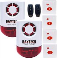 outdoor strobe siren alarm for home security - featuring 2 red flashing sirens, 2 remotes, panic button, and 4 emergency buttons for hotel, store, and jewelry shop safety logo