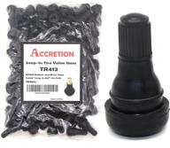 set of 100 tr412 rubber snap-in tire valve stems for tubeless tires with 0.453 inch 11.5mm rim holes on standard vehicles by accretion logo