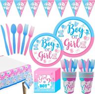 rainmae gender reveal party supplies, boy or girl gender reveal disposable tableware set, paper dinner plates and napkins cups for he or she baby shower birthday pink or blue decorations serves 20 logo