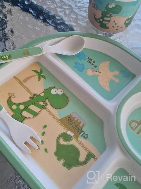 img 1 attached to Dino-Printed Bamboo Dinner Set For Toddlers: Includes Divided Plate, Feeding Dish, And Bib - Ideal Baby Tableware For Mealtime Fun And Easy Cleanup review by Harley Franchetti