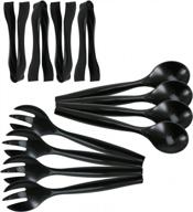 convenient set of 12: heavy duty disposable plastic serving utensils with 10” spoons, forks, and 6-1/2” tongs in sleek black design logo