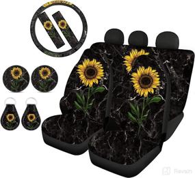 img 4 attached to 🌻 POLERO Sunflower Marble Print Car Seat Covers and 11pc Universal Auto Accessories Set: Steering Wheel Cover, Seatbelt Pads, Cupholder Coasters, Keychain - Stylish & Protective!