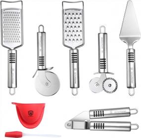 img 4 attached to Pizza Cutter Set Stainless Steel Kitchen Gadget Set (6 PCS Set) - Includes Pizza Cutter Wheel, Chocolate & Cheese Grater, Serrated Pie & Cake Server, Garlic Press, Free Brush And Bonus Oven Mitt