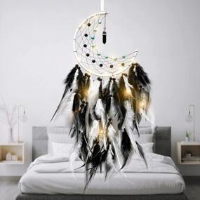 img 3 attached to Dremisland Moon Dream Catcher With Fairy Lights-Handmade Colorful Feather Lucky Turquoise Pendant Beads Wall Hanging Ornament For Kids Bedroom Home Decoration ,Art Craft Gift. (White&Black)