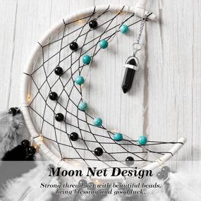 img 2 attached to Dremisland Moon Dream Catcher с волшебными огнями-ручная работа красочные перья счастливые бирюзовые подвесные бусины Настенный орнамент для детской спальни украшение дома, художественный подарок для рукоделия. (Белый черный)