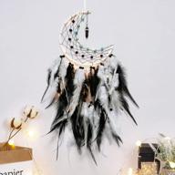 dremisland moon dream catcher with fairy lights-handmade colorful feather lucky turquoise pendant beads wall hanging ornament for kids bedroom home decoration ,art craft gift. (white&black) logo