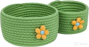 img 2 attached to 🧺 LixinJu Small Woven Basket Set of 2 - Floral Small Rope Basket for Organizing, Decorative Mini Storage Bins - Round Little Baskets for Desk, Dog Cat Toy, Kids Baby Girls Gifts - Green