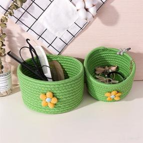 img 1 attached to 🧺 LixinJu Small Woven Basket Set of 2 - Floral Small Rope Basket for Organizing, Decorative Mini Storage Bins - Round Little Baskets for Desk, Dog Cat Toy, Kids Baby Girls Gifts - Green