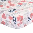 coral pink, grey and navy blue flower fitted crib or toddler sheet - 100% cotton baby nursery bedding for a sweet and chic look logo