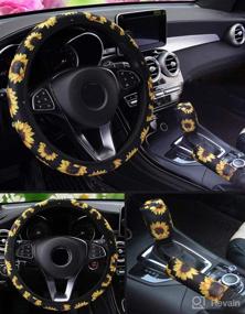img 1 attached to 🌻 I-Will Flower Floral Print Steering Wheel Cover | Stretch-on Fabric | Anti-Slip & Sweat-Absorbing | 15 Inch Car Wrap Cover | Universal Fit | with Gear Shift & Handbrake Cover | Sunflower Design