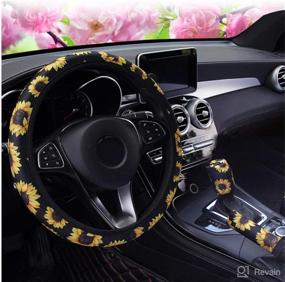 img 2 attached to 🌻 I-Will Flower Floral Print Steering Wheel Cover | Stretch-on Fabric | Anti-Slip & Sweat-Absorbing | 15 Inch Car Wrap Cover | Universal Fit | with Gear Shift & Handbrake Cover | Sunflower Design