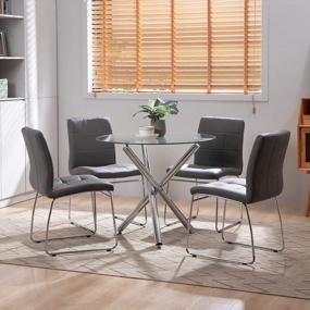 img 4 attached to Bacyion 5 Pieces Round Glass Dining Table Set For 4, Modern Kitchen Table With 3 Chrome Legs, Glass Top + 4 Grey Faux Leather Dining Chairs, Dining Room Table And Chairs Set For Home Small Space