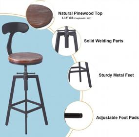 img 1 attached to Промышленные барные стулья с регулируемой высотой со спинкой и поворотом, с деревянным сиденьем для кухонного острова, завтрака и обеда - набор из 2 стульев