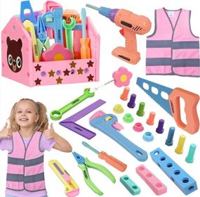 img 4 attached to Gifts2U Pink Toy Tool Set For Girls Pretend Play - Drill, Vest, Tape Measure & More Ages 3-6!
