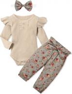 🍂 cute winter outfit for newborns: kangkang baby girls romper + pant - light brown (3pcs set) логотип